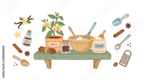 Hand drawn illustration of baking ingredients and kitchen tools on a rustic wooden shelf.