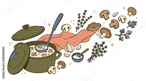 Hand drawn illustration of mushroom soup cooking in a pot with flying ingredients.