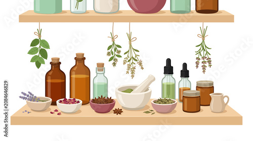 Herbal medicine and apothecary supplies on wooden shelves with glass bottles and dried plants.