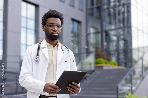 Male physician working in medicine, holding a clipboard and wearing a white coat with a stethoscope, representing health, care, and medical expertise outside a modern building