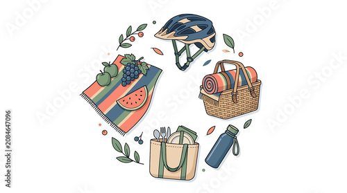 Summer Picnic and Cycling Adventure Illustration with Basket Helmet and Healthy Snacks.