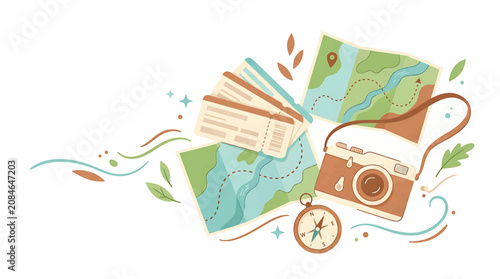 Travel and adventure illustration with vintage camera map tickets and compass for vacation planning.