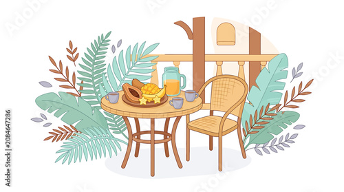 Tropical breakfast scene with fruit basket and coffee on outdoor patio table surrounded by lush green plants.
