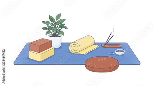 Yoga and Meditation Equipment Set with Blue Mat Blocks Towel and Incense.