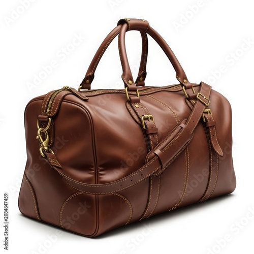 Brown leather duffel bag with gold hardware, isolated on white
