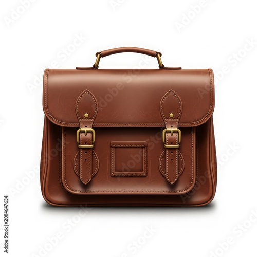 Brown leather satchel bag with gold buckles, isolated on white