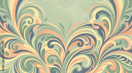 Abstract floral swirl background with elegant pastel curves and vintage botanical patterns.