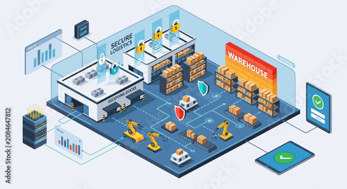 Isometric illustration of an automated smart warehouse facility with digital management systems.
