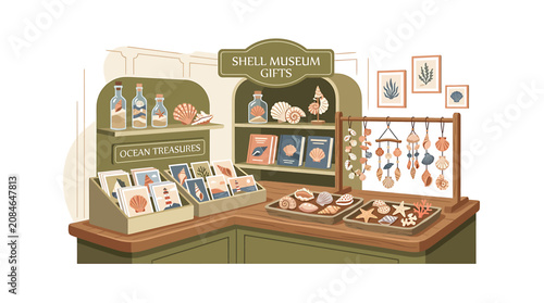 Fotografie Charming Shell Museum Gift Shop Illustration Featuring Nautical Souvenirs and Coastal Decor
