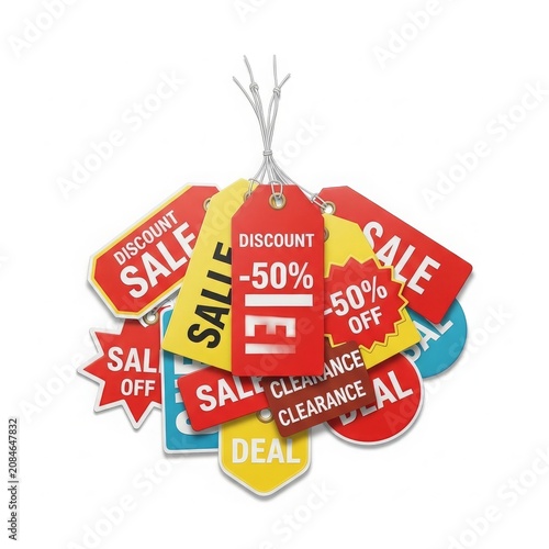 Bundle of colorful sale tags with discounts on white background