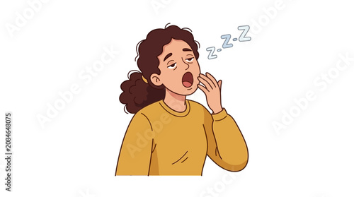Fotografie Cartoon illustration of a tired woman yawning and feeling sleepy