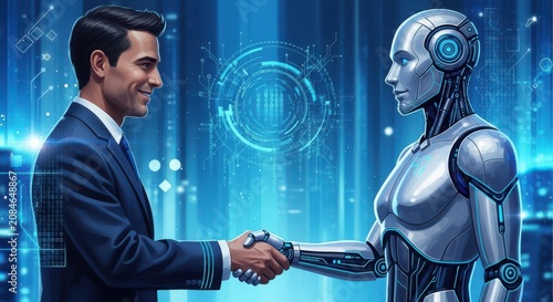 Businessman shaking hands with a futuristic robot in a digital city background