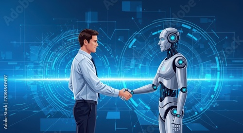 Businessman shaking hands with a futuristic robot in digital space