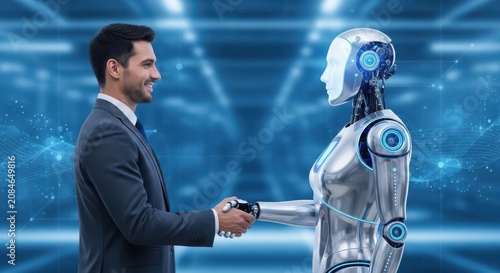 Businessman shaking hands with a futuristic robot in digital technology space