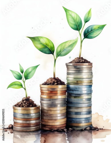 Small potted plants on stacked tin cans shelf.
