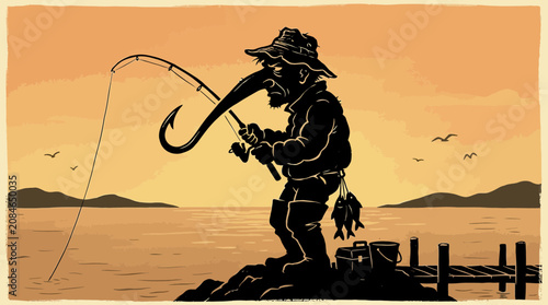 Man fishing with a large hook.