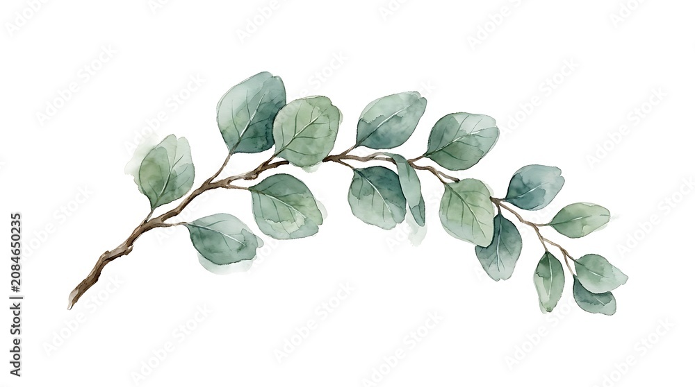 Obraz premium Watercolor eucalyptus branch with soft green leaves on white background