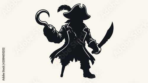 Pirate with hook and sword standing.