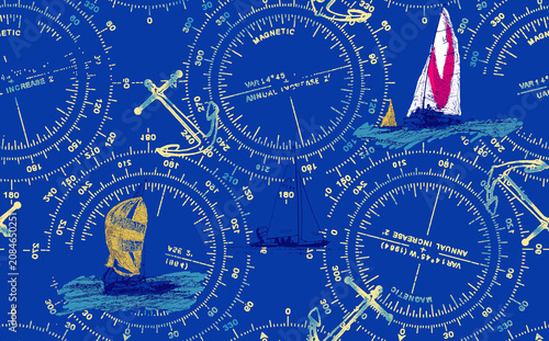 Overhead view of nautical navigation tools and vintage maps on blue background