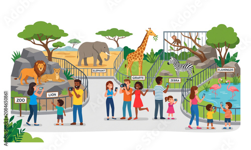 People Taking Photos of Zoo Animals Flat Vector Illustration