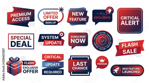 Vector graphics of various promotional labels and icons in a digital illustration
