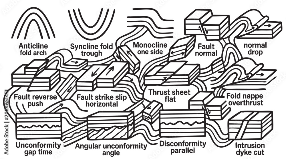 Obraz premium Detailed geological fault and fold types diagrams illustrating different earth formations and rock movements.