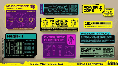Vector graphics of various futuristic cybernetic decals and labels on a metallic background