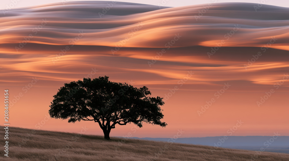 Fototapeta premium Lone tree stands on grassy hill under dramatic orange sunset sky with flowing clouds, peaceful and serene landscape scene
