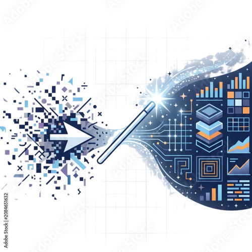 Programmer’s Day. Data transformation concept with digital arrow and analytical charts on a grid background