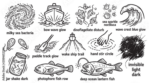 Marine bioluminescence and ocean glow phenomena icons.