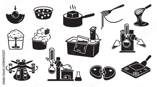 Molecular gastronomy icons set. food science vector flat style cooking illustration. food processing techniques.