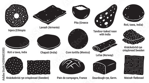 Various international flatbreads and breads from different cultures, bakery products vector illustration.