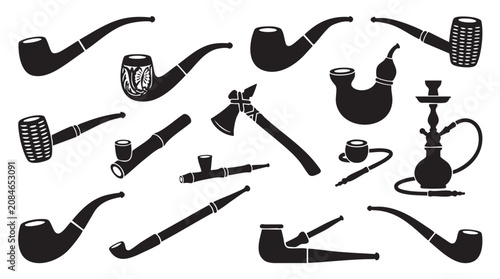 Set of various smoking pipes and tobacco accessories, different designs and cultural styles vector collection.