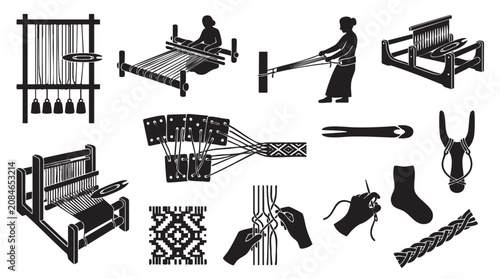 Collection of traditional weaving icons, depicting looms, tools, techniques, and woven products.