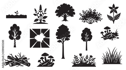 Forest and plants vector icon set, nature illustrations with trees, mushrooms, and grass.