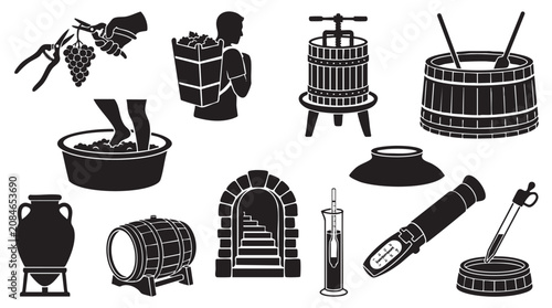 Traditional winemaking process icons with harvesting and production tools.