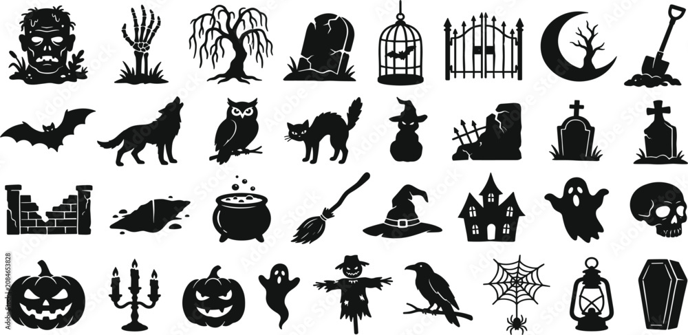 Obraz premium Spooky Halloween Silhouette Icon Set with Pumpkin Ghost Witch Hat Skull Haunted House and Cemetery Symbols for Seasonal Party Greeting Card Vector Designs