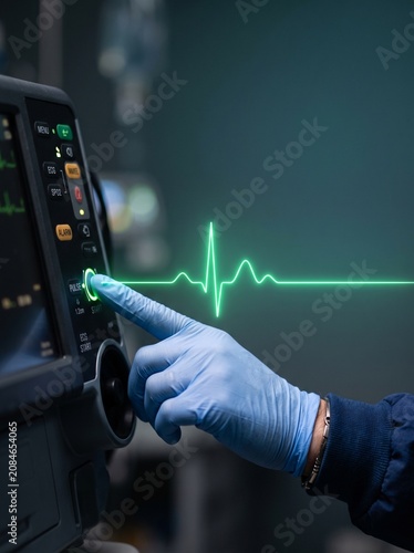 Macro Side-Profile Clinician Finger Pressing Touch Panel with Neon-Green Holographic Heart Rhythm Wave and Dark-Teal Gradient Copy Space

