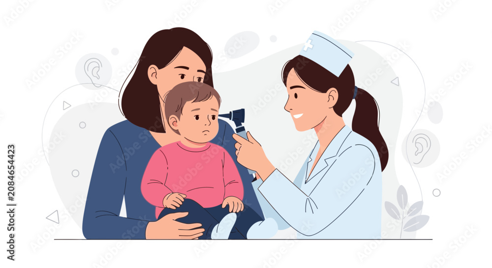 Fototapeta premium Pediatrician Examines Baby's Ear with Otoscope, Mother Holds Child, Medical Consultation, Healthcare Concept