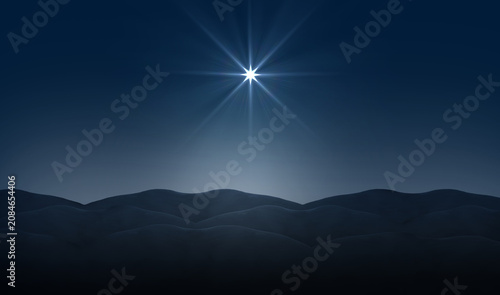Birth of Christ, Christmas star of the Nativity of Bethlehem, Nativity of Jesus Christ. Background of the beautiful dark blue starry sky and bright star.