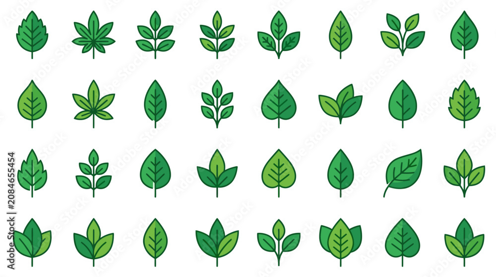 Fototapeta premium Collection of various green leaf icons and symbols for nature and growth concepts