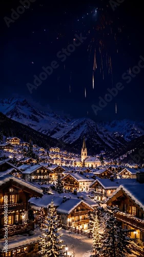 Fireworks over snowy mountain village at night