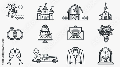 Bild auf Leinwand Elegant Black and White Wedding and Celebration Icons Set Featuring Rings Castle