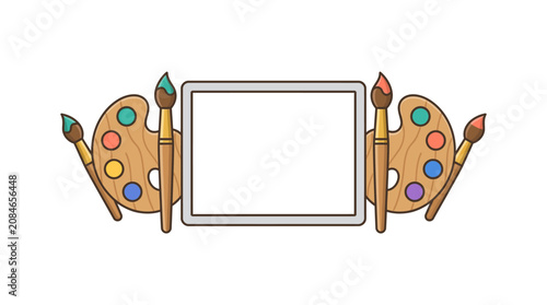 Colorful paint palette and brushes framing blank canvas.
