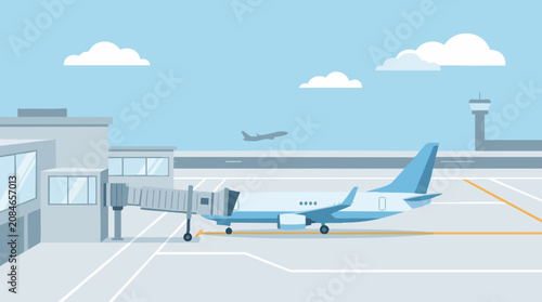 Obraz na płótnie Flat design illustration of an airport with airplanes, terminal, and control tow