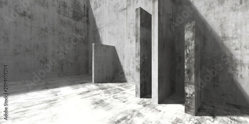 Canvas Print Abandoned concrete interior with vertical pillars and dramatic sunlight for moody background and architectural poster layout
