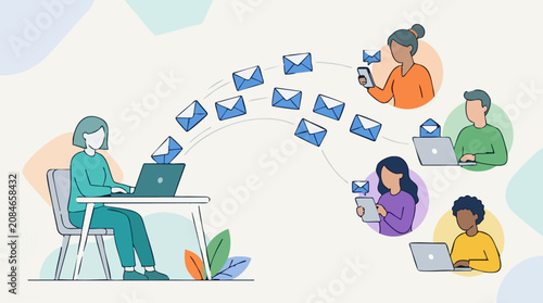 Fotografía Digital communication network: Woman sending emails to diverse recipients
