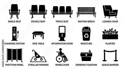 Obraz na płótnie Collection of Public Facility and Airport Amenity Vector Icons