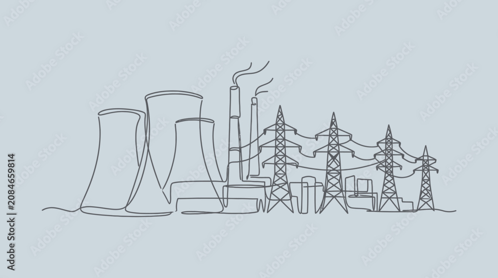Obraz premium Continuous one line drawing of power plant and electrical towers.