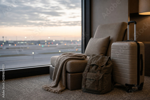 Airport layover rest corner with luggage and runway view